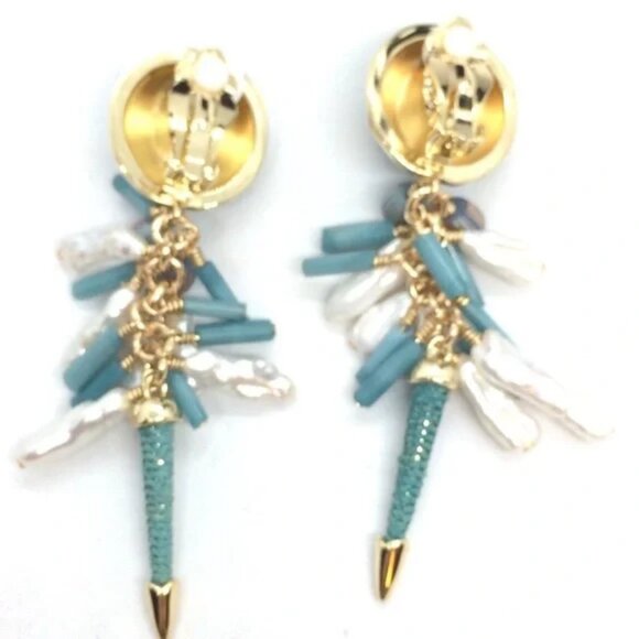 AKOLA NILE CULTURED PEARL CLIP ON DROP EARRINGS DANGLE TURQUOISE COLOR GOLD TONE - Picture 6 of 7